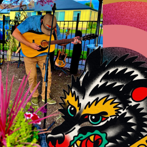 Son of Wolf's Maxx Lopez plays guitar in an outdoor setting with colorful flowers; a wolf illustration and vibrant patterns are in the foreground. Catch live at Currents at Riverhouse Lodge in Bend Oregon 08/01/25