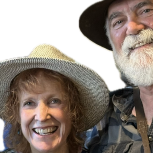 The Dust Devils featuring Maggie Jackson smiling, wearing hats, and standing close together. Live music at Riverhouse Lodge in Bend Oregon 08/07/25