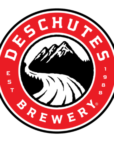 A red and black logo for Deschutes Brewery featuring mountains and a river, with 