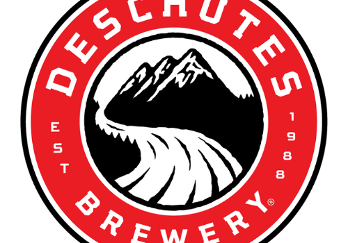 A red and black logo for Deschutes Brewery featuring mountains and a river, with 