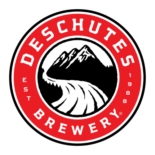 A red and black logo for Deschutes Brewery featuring mountains and a river, with 