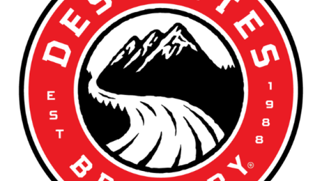A red and black logo for Deschutes Brewery featuring mountains and a river, with 