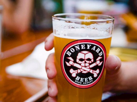 A hand is holding a glass of beer with a 