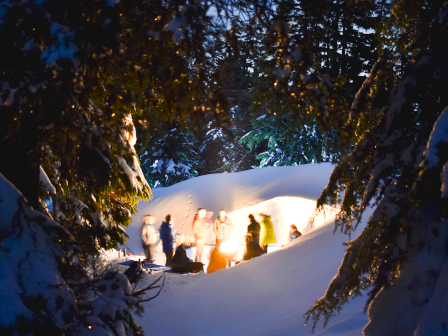 A group of people gathers around a campfire surrounded by snow and trees at night, creating a cozy and warm atmosphere.