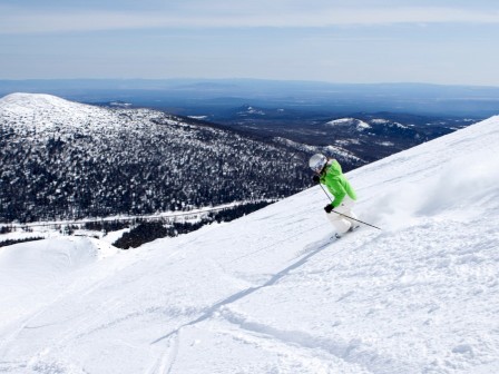 A skier in a green jacket is descending a snowy mountain with a scenic view of snow-covered hills and distant landscape in the background.