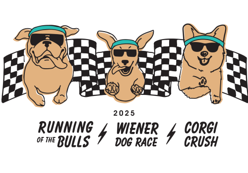 Three cartoon dogs with sunglasses and teal headbands in front of checkered flags, labeled with 2023 events: “Running of the Bulls,” “Wiener Dog Races,” and “Corgi Crush.”