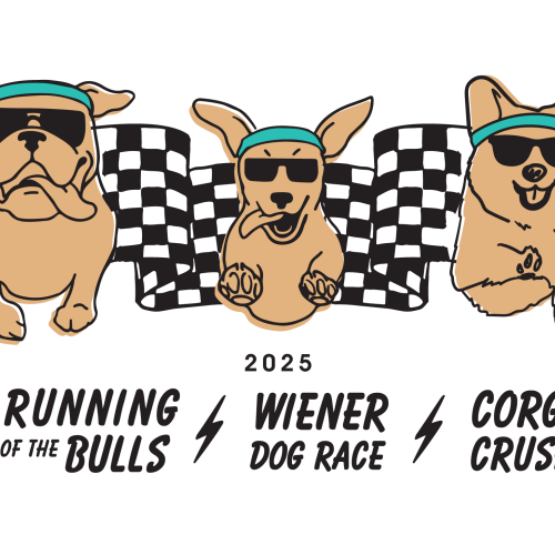 Three cartoon dogs with sunglasses and teal headbands in front of checkered flags, labeled with 2023 events: “Running of the Bulls,” “Wiener Dog Races,” and “Corgi Crush.”