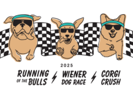 Three cartoon dogs in sunglasses and headbands running. Text: English Bulldog, Mexican Hairless, Cardigan Welsh Corgi.