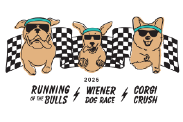 Three cartoon dogs in sunglasses and headbands running. Text: English Bulldog, Mexican Hairless, Cardigan Welsh Corgi.
