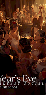 Guests dressed in glamorous 1920s attire celebrate at Riverhouse Lodge’s New Year’s Eve Speakeasy Social in Bend, Oregon — the best New Year’s Eve event in Central Oregon, featuring music, dancing, and cocktails in an elegant riverside setting.