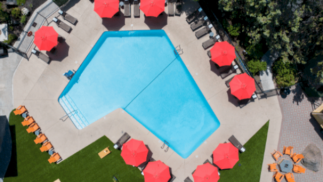 An empty swimming pool surrounded by red umbrellas, lounge chairs, and greenery at an outdoor pool area.