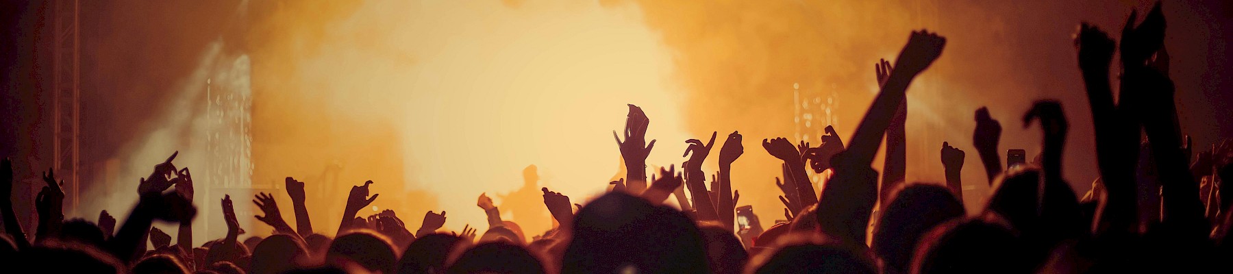 A crowd at a concert, illuminated by bright lights, with people raising their hands and enjoying the performance on stage.