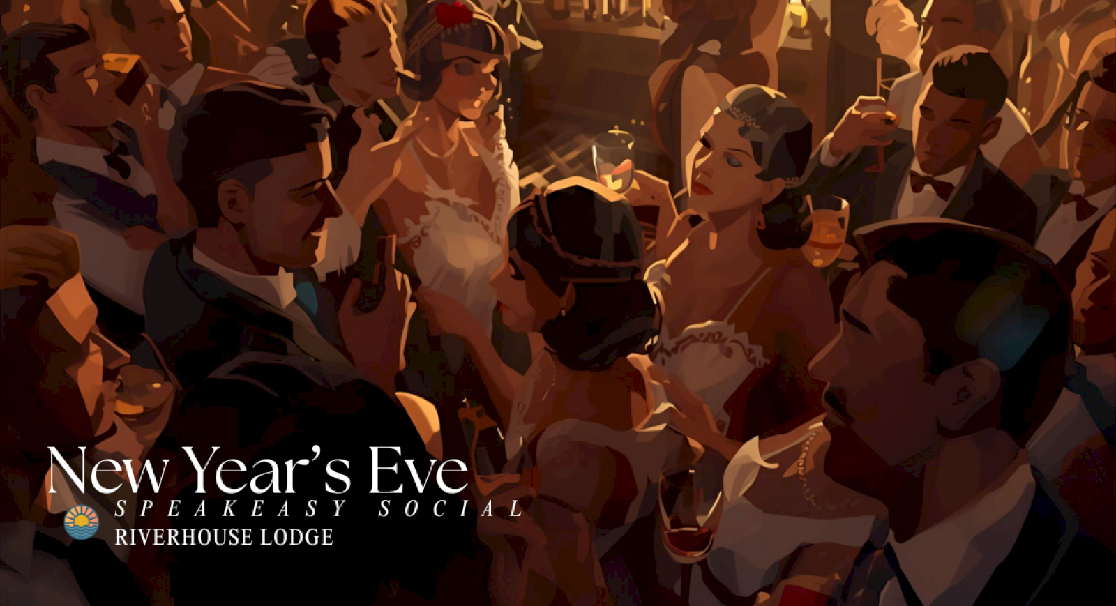 Elegant crowd dressed in 1920s attire enjoying cocktails and conversation at the New Year’s Eve Speakeasy Social at Riverhouse Lodge in Bend, Oregon — the best New Year’s Eve event in Central Oregon.