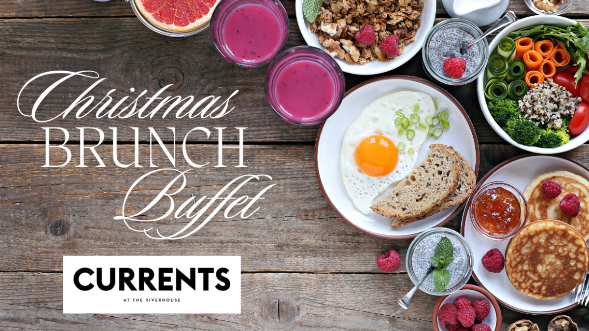 A Christmas brunch buffet spread with eggs, toast, smoothies, pancakes, and fruits on a wooden table. Text: 