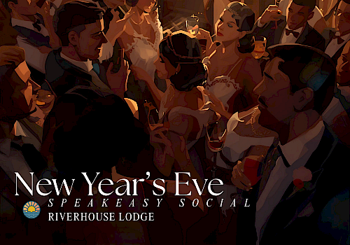 Guests dressed in glamorous 1920s attire celebrate at Riverhouse Lodge’s New Year’s Eve Speakeasy Social in Bend, Oregon — the best New Year’s Eve event in Central Oregon, featuring music, dancing, and cocktails in an elegant riverside setting
