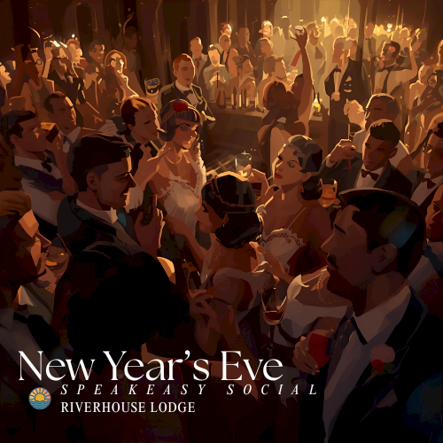 Guests dressed in glamorous 1920s attire celebrate at Riverhouse Lodge’s New Year’s Eve Speakeasy Social in Bend, Oregon — the best New Year’s Eve event in Central Oregon, featuring music, dancing, and cocktails in an elegant riverside setting