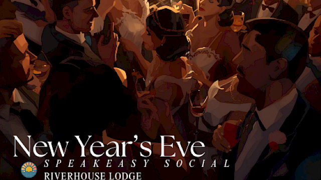 Guests dressed in glamorous 1920s attire celebrate at Riverhouse Lodge’s New Year’s Eve Speakeasy Social in Bend, Oregon — the best New Year’s Eve event in Central Oregon, featuring music, dancing, and cocktails in an elegant riverside setting