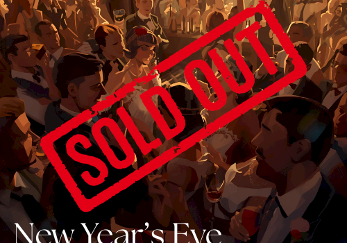 A crowded New Year’s Eve party scene with a bold “SOLD OUT” stamp across it, promoting the Riverhouse Lodge Speakeasy Social.