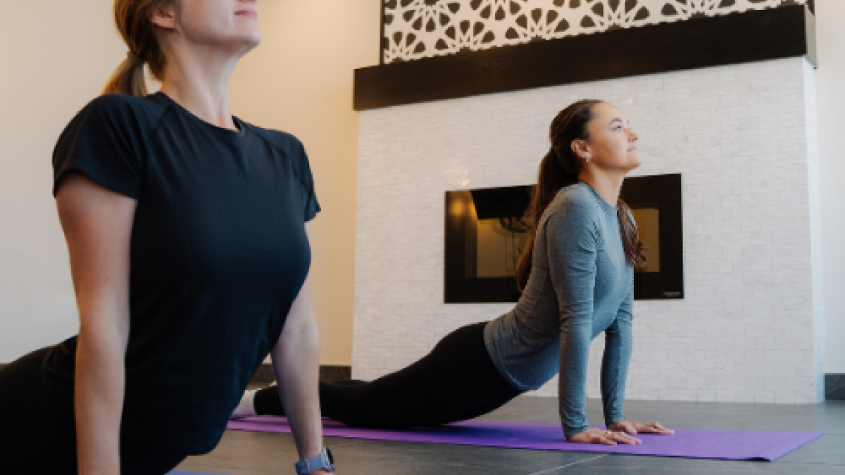Two people practicing yoga indoors, performing a pose on blue and purple mats, with a decorative wall design behind them.