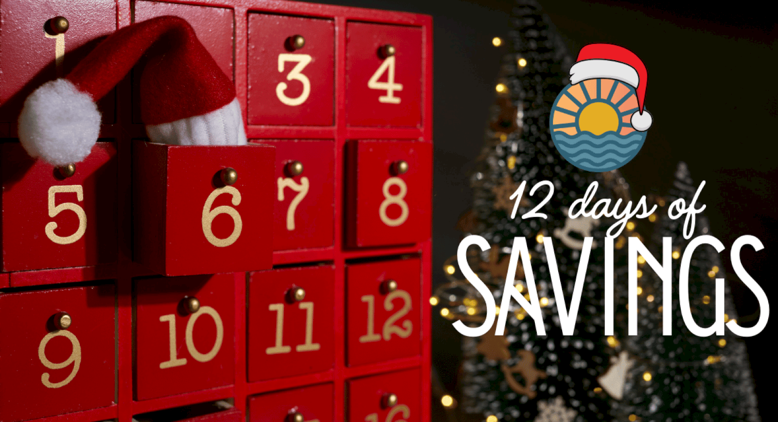 A red Advent calendar with numbered doors, a Santa hat, and festive 12 days of savings graphic.