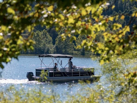 A boat with a canopy cruises on a lake, surrounded by green foliage and trees. The image captures a serene, natural setting.