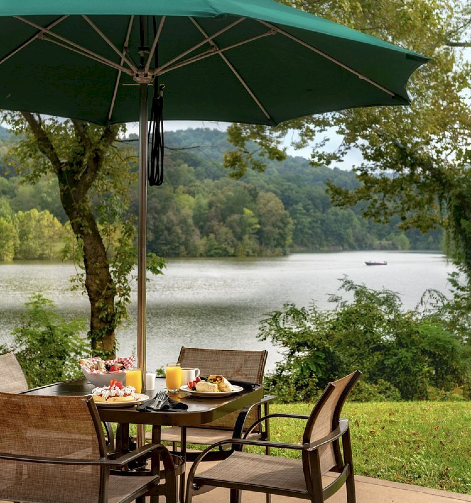 An outdoor dining setup with a table and chairs, under a green umbrella, overlooking a serene lake and lush greenery in the background.