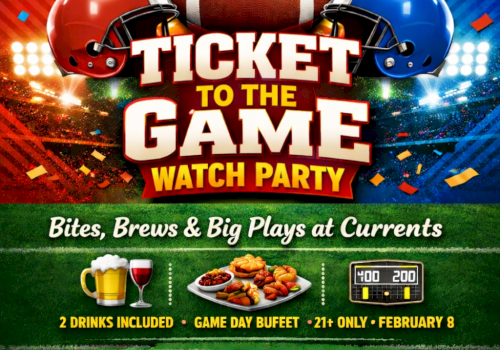 Watch party promo: football theme, big “Ticket to the Game” text, helmets (red/blue), confetti, banners; includes drink & food details and BendTicket.com.
