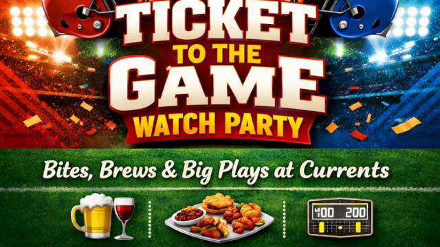 A football-themed promo poster for “Ticket to the Game Watch Party” with helmets, confetti, and bright text—get tickets at BendTicket.com.
