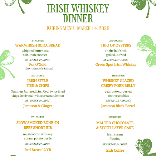 A six-course Irish whiskey dinner menu with paired drinks, including Irish soda bread, oysters, fish, pork, beef, and dessert.