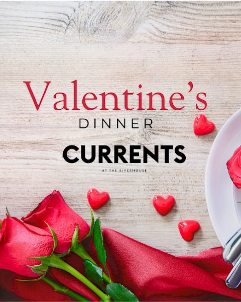 Valentine’s Dinner by Currents featuring red roses, hearts, and a white plate with a knife, fork, and a red ribbon bow on a wooden table.