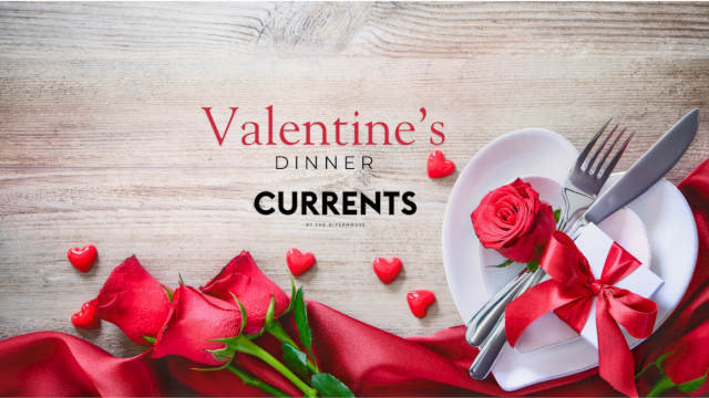 Valentine’s Dinner by Currents featuring red roses, hearts, and a white plate with a knife, fork, and a red ribbon bow on a wooden table.